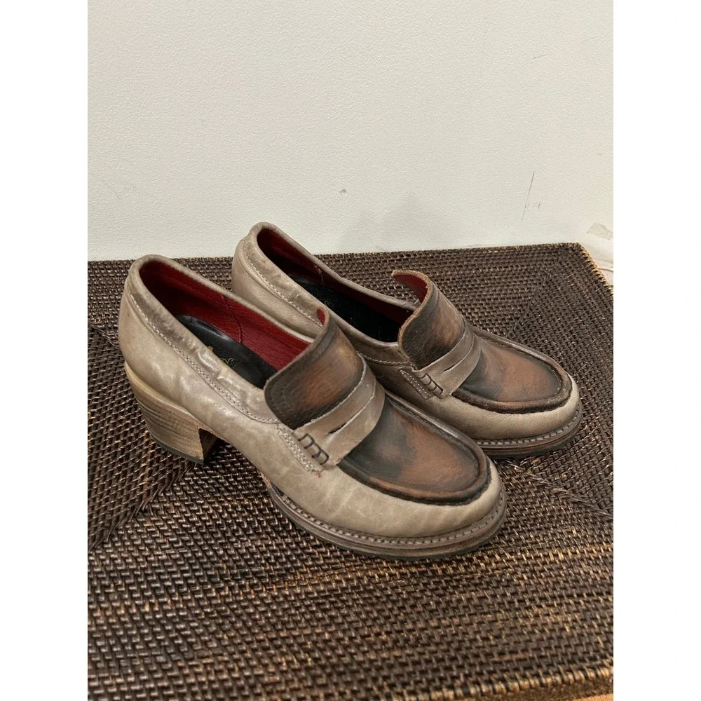 Freebird by Steven Bristol Penny Loafer Block Heels Women 7 Grey Brown Leather